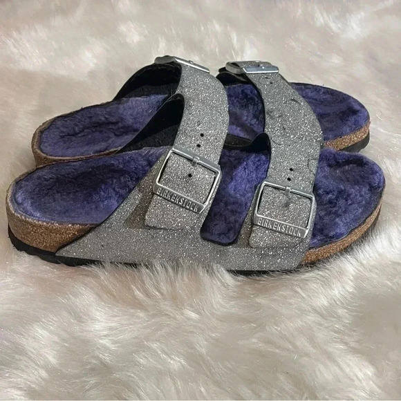 Birkenstock Silver Sandals with Purple Lining - Picture 3 of 11